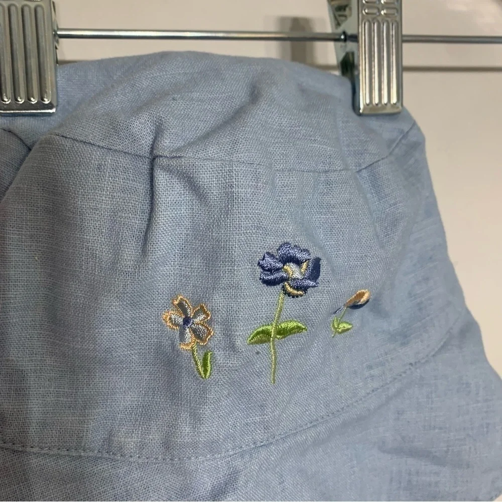 Blue Linen embroidered flower bucket hat girl size 4T